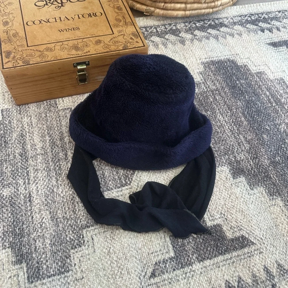 Vintage Women’s Navy Plush Winter Bucket Hat with Ear Protection Scarf Like Ties